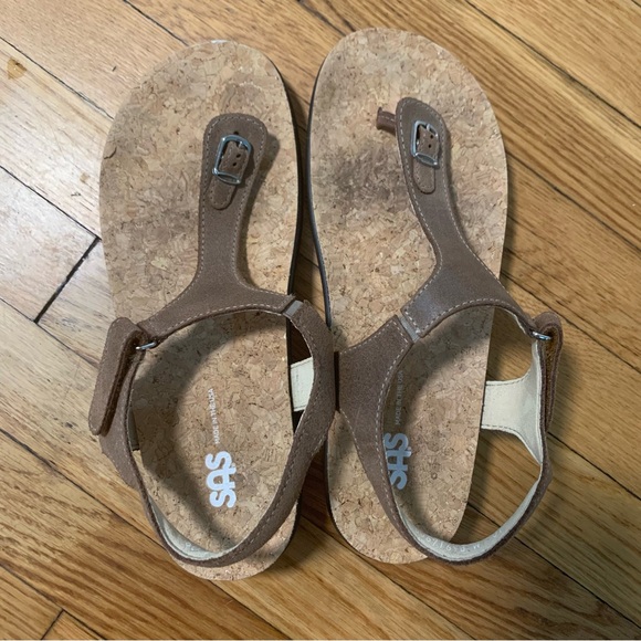 SAS Marina T-Strap Sandal Brown Leather Cork Footbed Comfortable Cushioned Wide - Picture 7 of 12